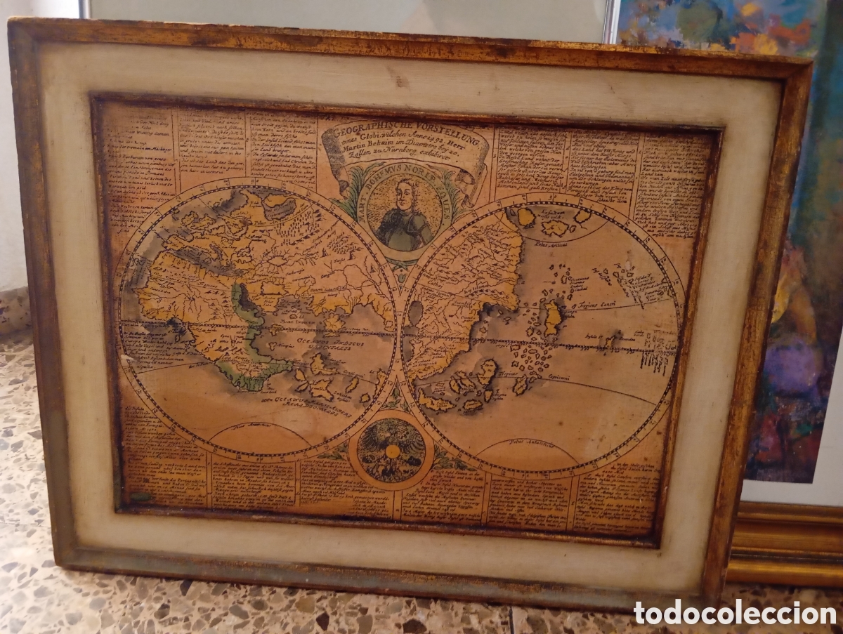 Otros objetos de arte: Antiguo cuadro mapa del mundo muy antiguo