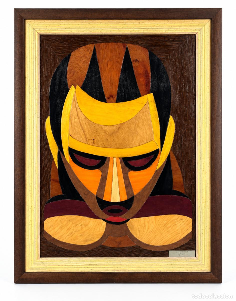 Otros objetos de arte: E. ALSINA - PERSONAJE - DIFERENTES MADERAS INCRUSTADAS - 41 X 29 CM