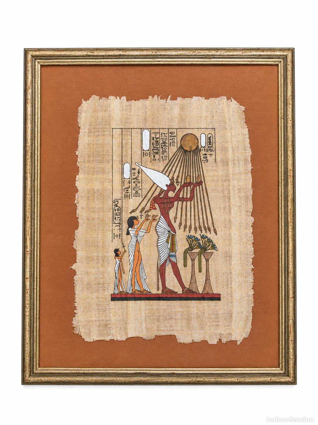 Otros objetos de arte: Pintura sobre Papiro, Egipto - Fara&oacute;n Akhenaton y la Reina Nefertiti