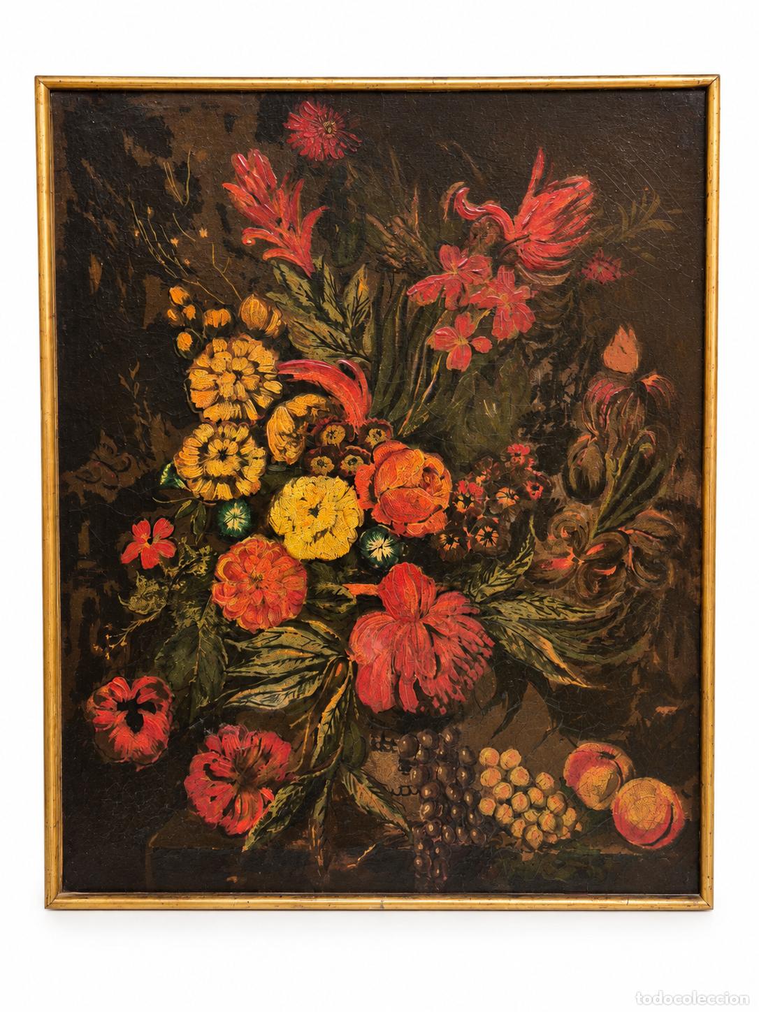 Otros objetos de arte: Bodeg&oacute;n con Flores y Frutas - Oleograf&iacute;a Inspirada en Obras del S.XVII - Sobre Tela - Enmarcado