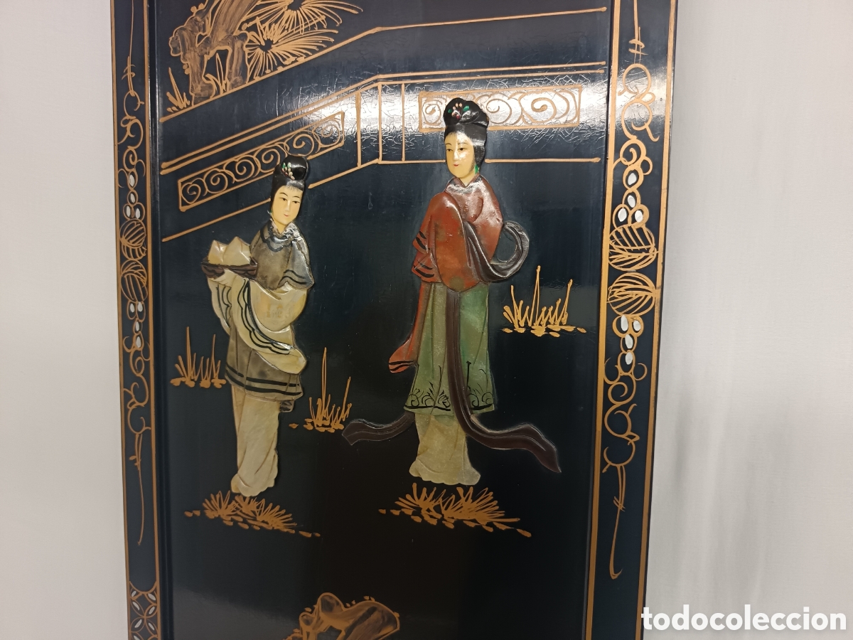 Otros objetos de arte: PLAFON O CUADRO CHINO , LACA NEGRA Y PIEDRAS DURAS SEMIPRECIOSAS ,,93 X 30 CM A&Ntilde;OS 50-70