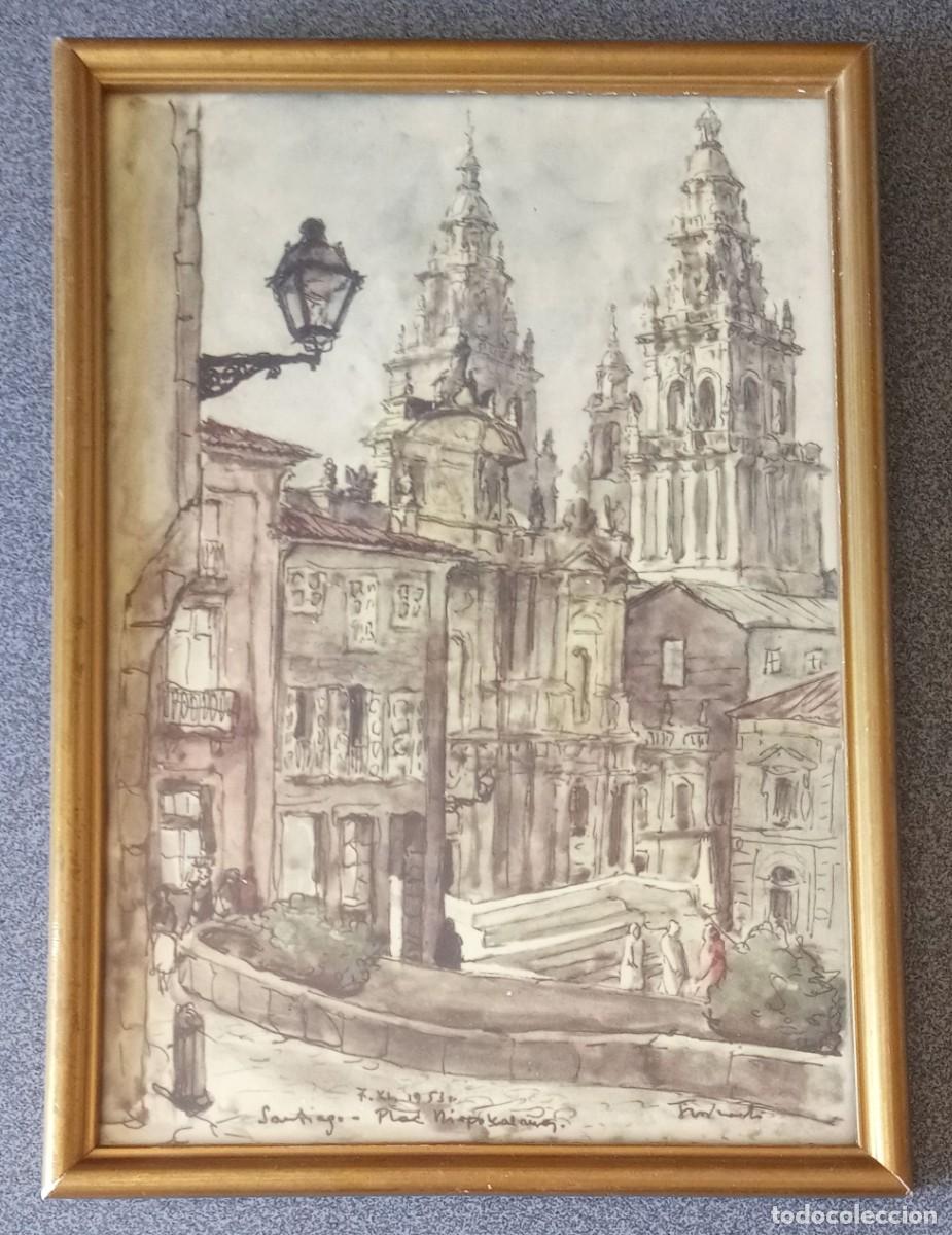 Otros objetos de arte: L&aacute;mina reproducci&oacute;n acuarela Plaza de la Inmaculada Santiago