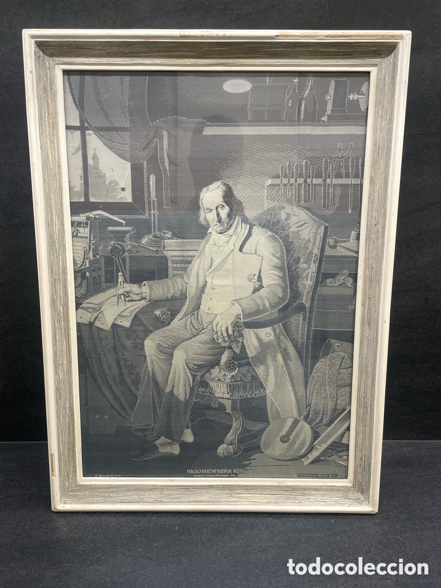 Otros objetos de arte: Antiguo Cuadro Tejido en Seda Jacquard - Maschinenfabrik R&uuml;ti (Suiza) - Retrato Caspar Honegger