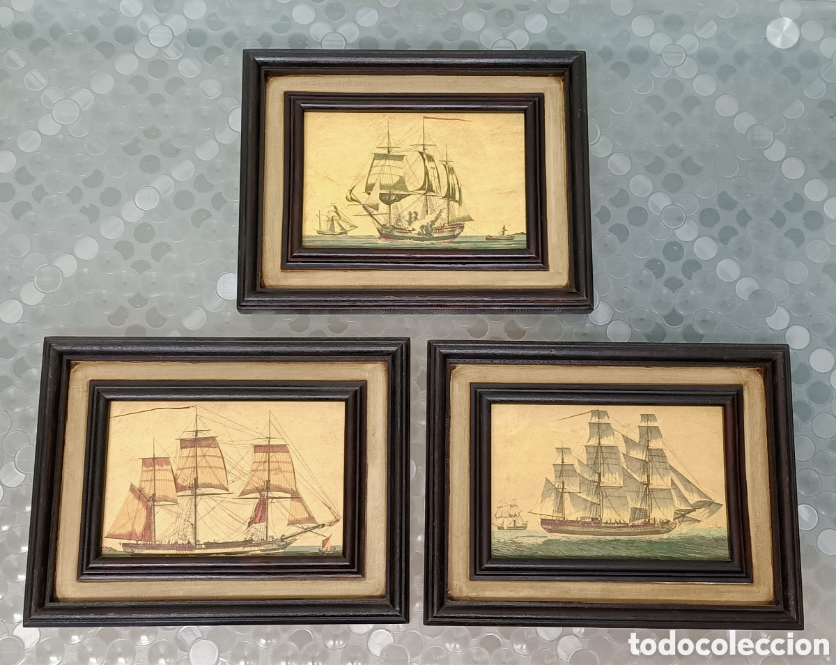 Otros objetos de arte: 3 cuadros con l&aacute;minas de barcos