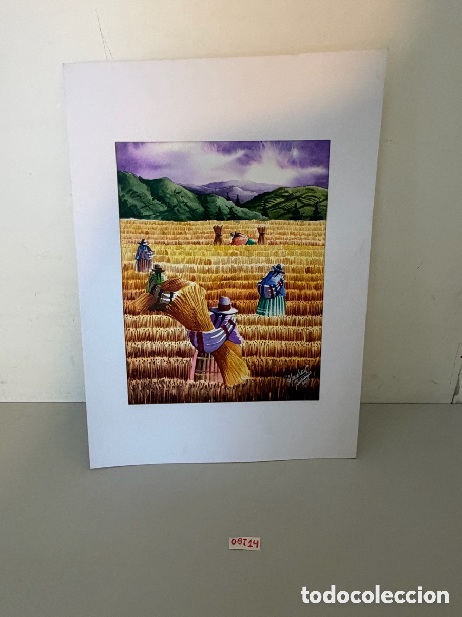 Otros objetos de arte: Pintura &Oacute;leo/Acuarela Costumbrista Andina &rdquo;Cosecha de Trigo&rdquo; - Firmada Abuchay, Argentina 2001