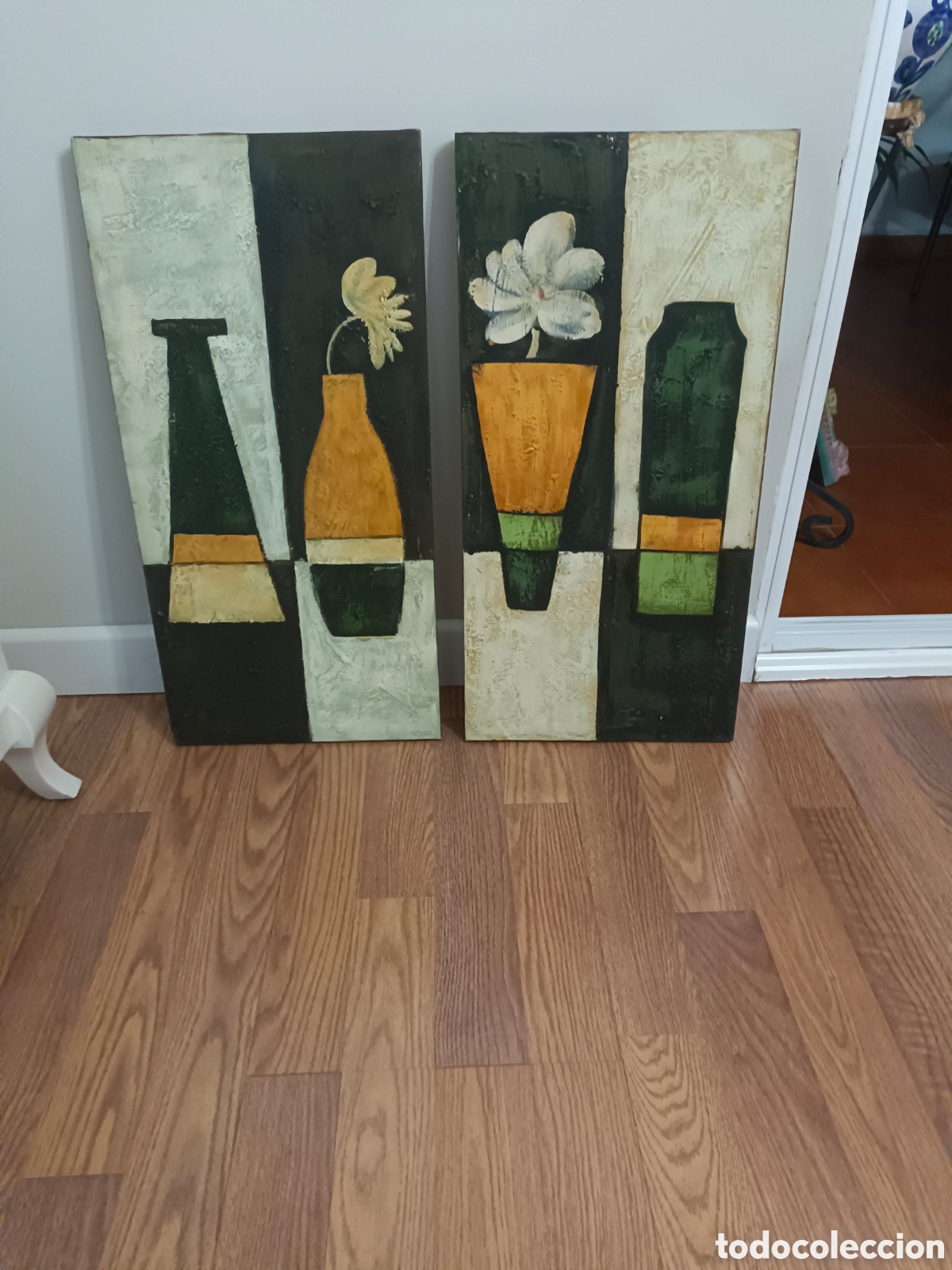 Otros objetos de arte: Pareja Cuadros Modernos Relieve Textura Jarrones