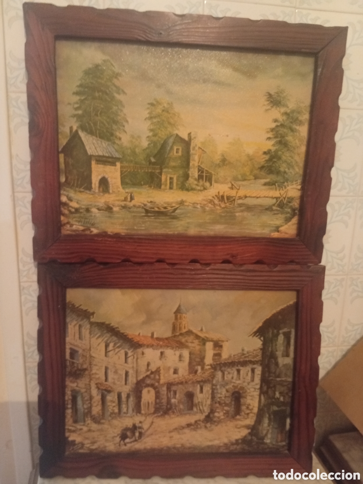 Otros objetos de arte: &rdquo;Pareja de Cuadros R&uacute;sticos Paisajes de Pueblo y Molino - Marcos de Madera A juego&rdquo;.