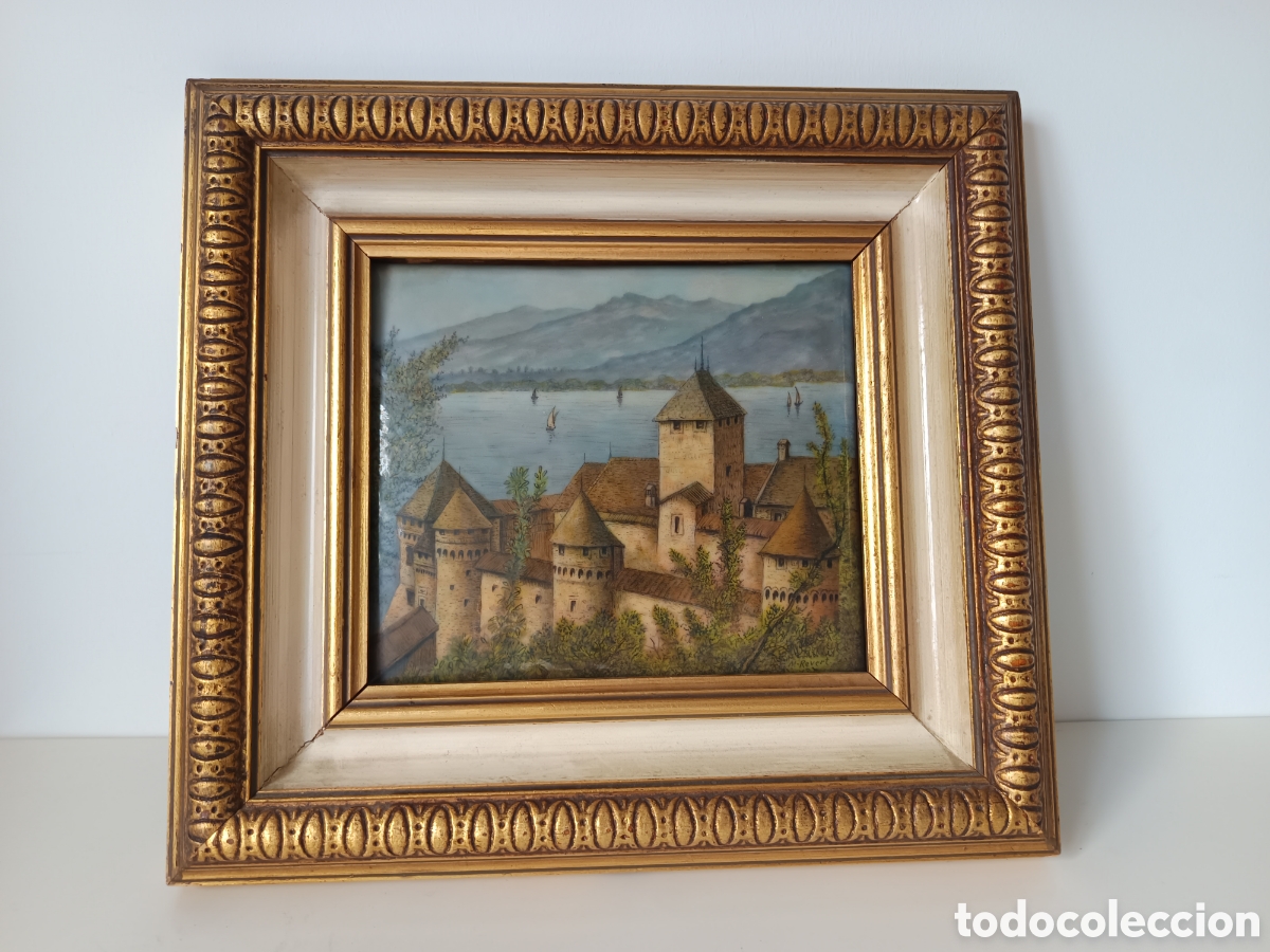 Otros objetos de arte: Cuadro esmaltado Castillo y lago de Ginebra firmado Miguel Revert, esmalte sobre cobre