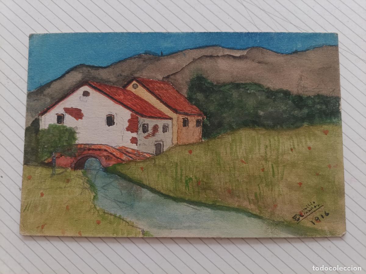 Otros objetos de arte: Postal pintada a mano. Emilio Gonz&aacute;lez 1916 - Foto 1