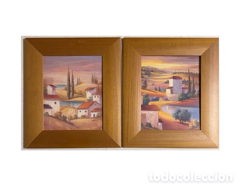 Otros objetos de arte: Pareja vintage de cuadros decorativos de paisajes r&uacute;sticos mediterr&aacute;neos.
