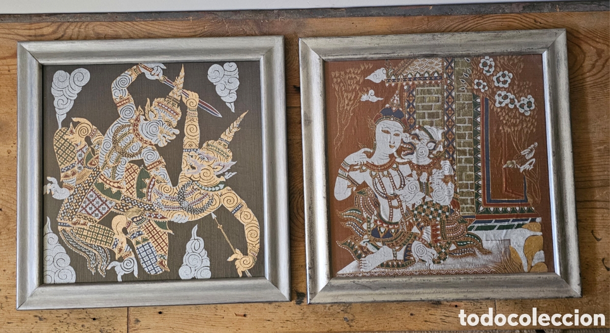 Otros objetos de arte: Dos Cuadros, estampas bali, tapiz enmarcado, vintage, muy buen estado
