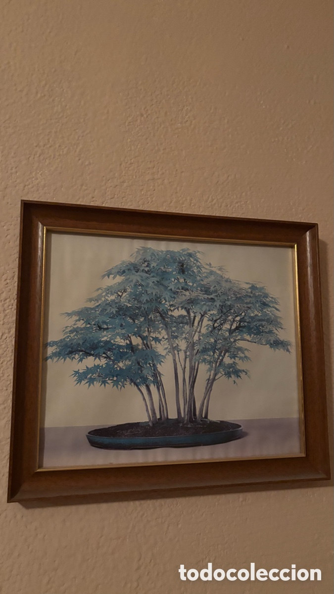 Otros objetos de arte: Cuadro vintage l&aacute;mina bons&aacute;i azul enmarcado en madera (estilo oriental / japon&eacute;s)