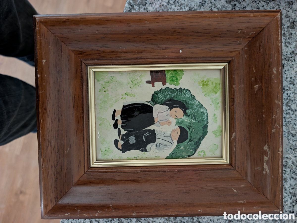 Otros objetos de arte: Pintura Naif original sobre placa porcelana ceramica Pareja Campesinos Gallegos marco madera