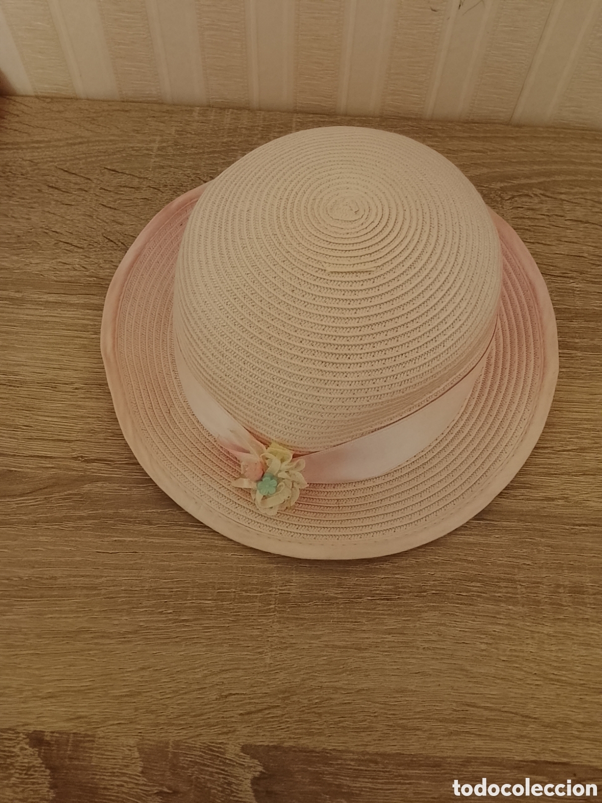 Vestidos Mu&ntilde;eca Espa&ntilde;ola Cl&aacute;sica: Sombrero de rafia color rosa ,de mu&ntilde;eca ,Guendolina ,a&ntilde;os 50-60