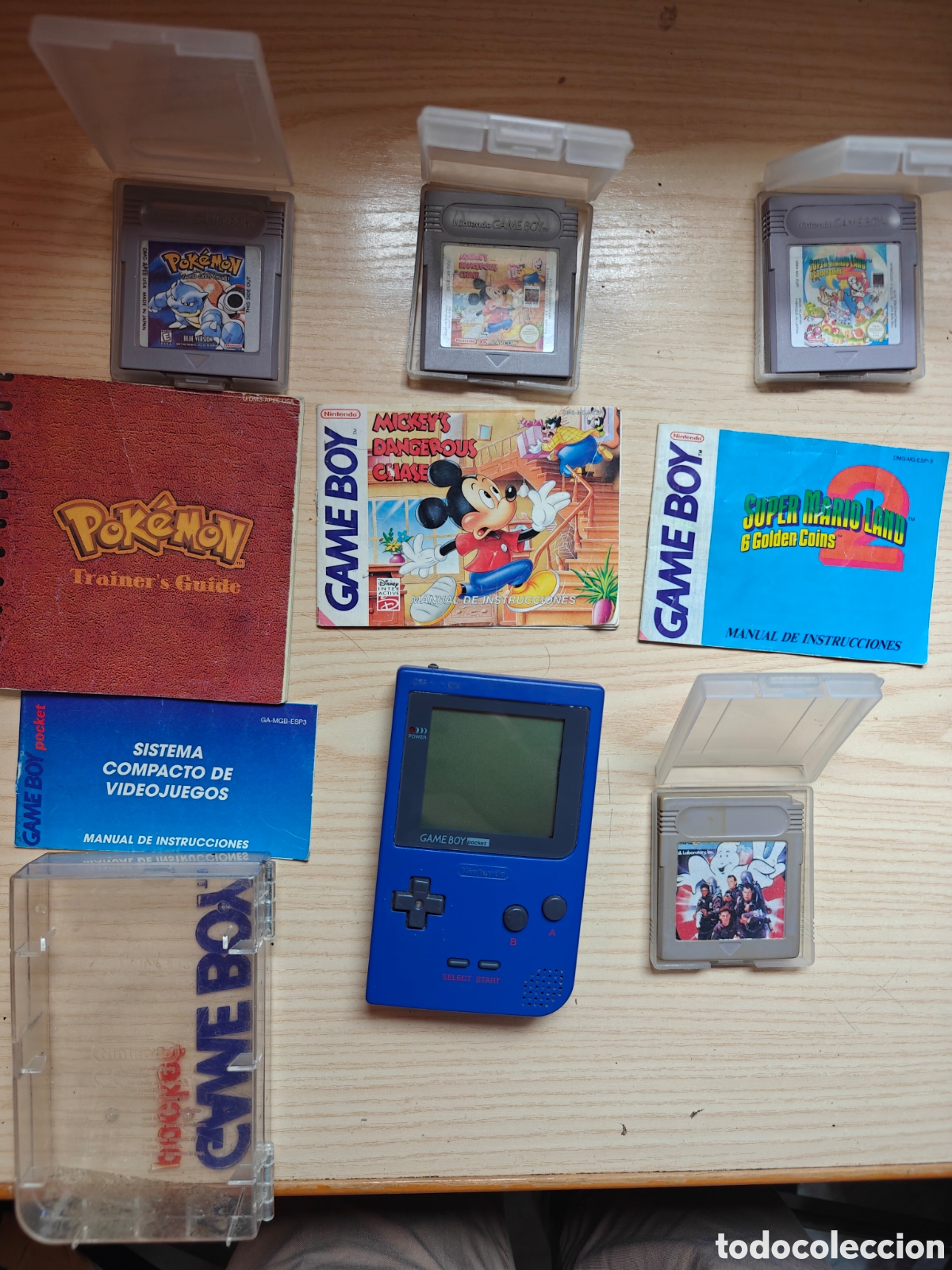 Videojuegos y Consolas: Lote Consola Game Boy Nintendo Pocket Azul Caja 4 Juegos Pok&eacute;mon Mario Land Mickey's Mouse Manuales