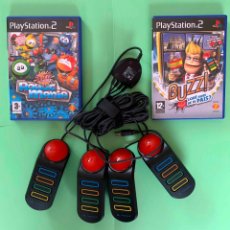 Videojuegos y Consolas: LOTE: PULSADORES BUZZ! (PLAYSTATION 2) Y 2 JUEGOS PS2 (BUZZ!) ¡ORIGINALES!