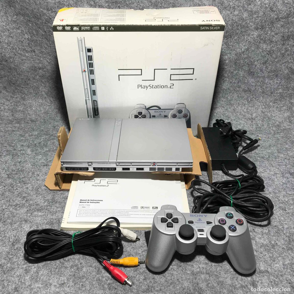 Videojuegos y consolas: CONSOLA SONY PSTWO SILVER CON CAJA+CHIP MATRIX PLAYSTATION 2 PS2