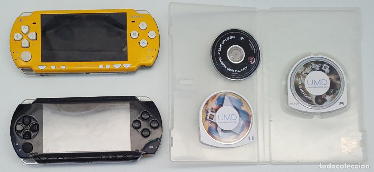 Videojuegos y consolas: LOTE 2 CONSOLAS SONY PSP (AMARILLA Y NEGRA) + 3 JUEGOS, NO COMPROBADAS, LO QUE SE VE EN LAS FOTOS