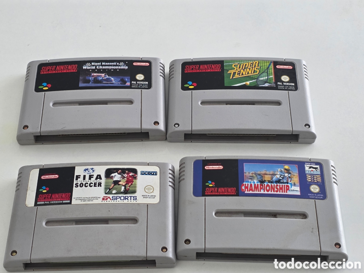 Videojuegos y Consolas: lote 4 juegos super nintendo snes pal fifa super tennis mansell championship
