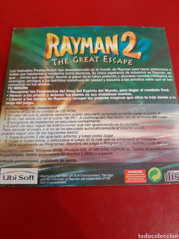 Videojuegos y consolas: Pc Rayman 2 The great escape compact disc 1999 - Foto 2