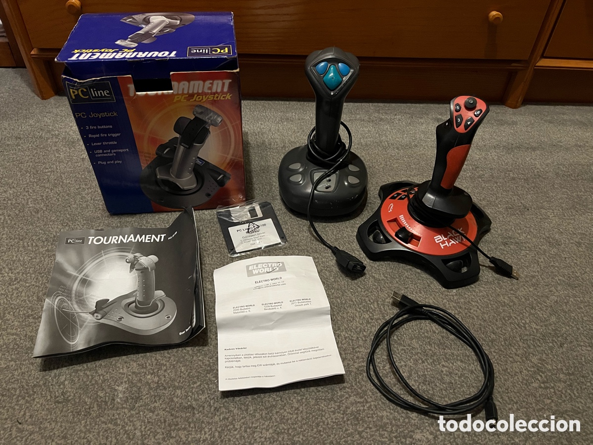 Videojuegos y consolas: 2x Joystick. ROCKFIRE + NGS BLACK HAWK + caja PCLINE TOURNAMENT + manual + disquete + cable + manual