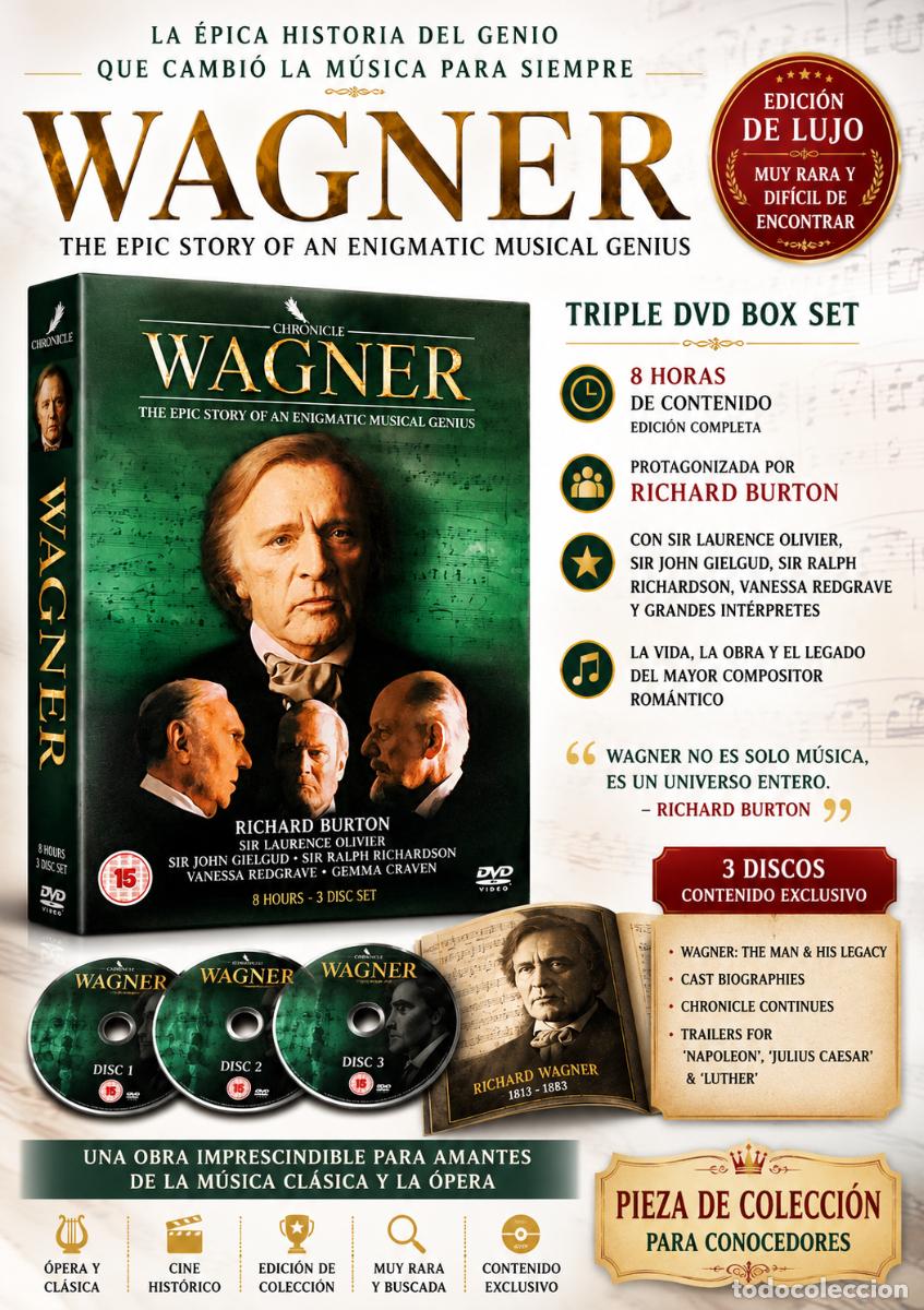 V&iacute;deos y DVD Musicales: WAGNER / RICHARD BURTON / TRIPLE DVD DE LUJO / EPIC STORY OF A MUSICAL GENIUS / RARO