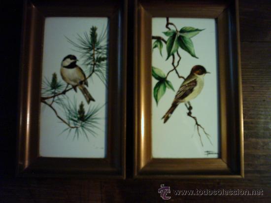 Vintage: PAREJA DE AZULEJOS PINTADOS AL &Oacute;LEO. A&Ntilde;OS 50. 15 X 7,5 Cm.