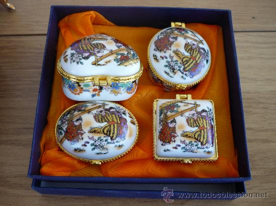 Vintage: 4 PASTILLEROS DE PORCELANA DECORADOS CON MOTIVO ORIENTAL    5X4.