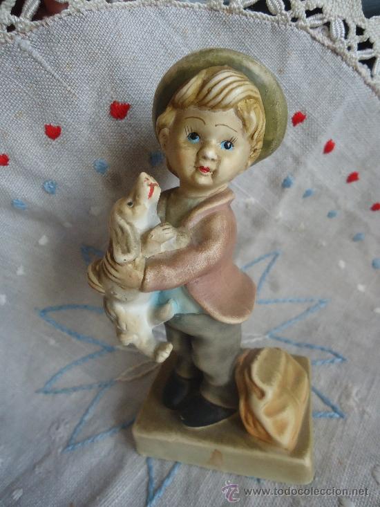 Vintage: figura Ar ce mi Galicia de ni&ntilde;o con perro, a&ntilde;os 80s, porcelana sellada ARCEMI GALICIA