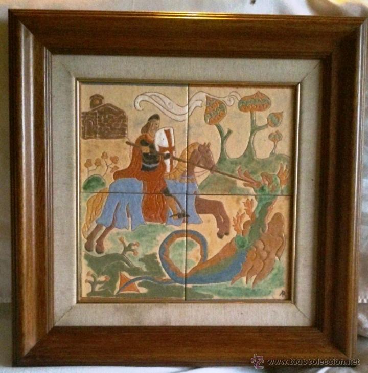 Vintage: CUADRO DE SANTJORDI AZULEJOS. FIR. AR. CRISTALERIA SANT JUST DESVERN