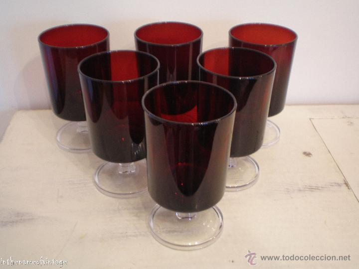 Cristalería roja vintage, juego de 6 copas de vino tinto grabadas