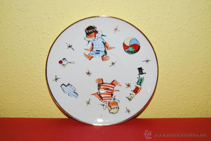 Vintage: PLATO DE PORCELANA PINTADO A MANO - FIRMADO M. VERG&Eacute;S - A&Ntilde;OS 60-70