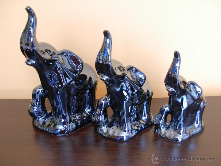 Vintage: Conjunto de tres elefantes de la suerte en porcelana de reflejos - Foto 1 - 44394298
