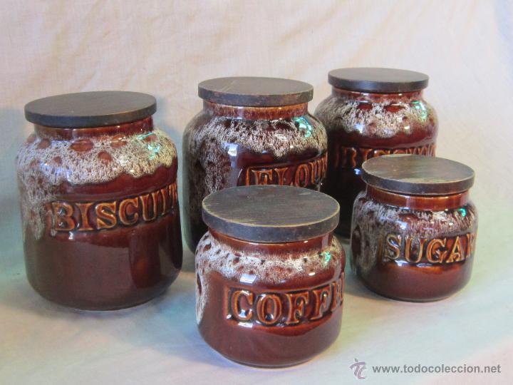 Vintage: 5 TARROS DE COCINA EN CERAMICA CON TAPAS DE MADERA