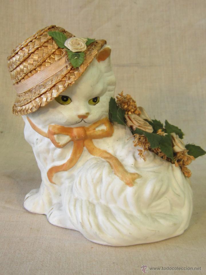 Vintage: FIGURA DE GATO EN CERAMICA CON SOMBRERO DE PAJA
