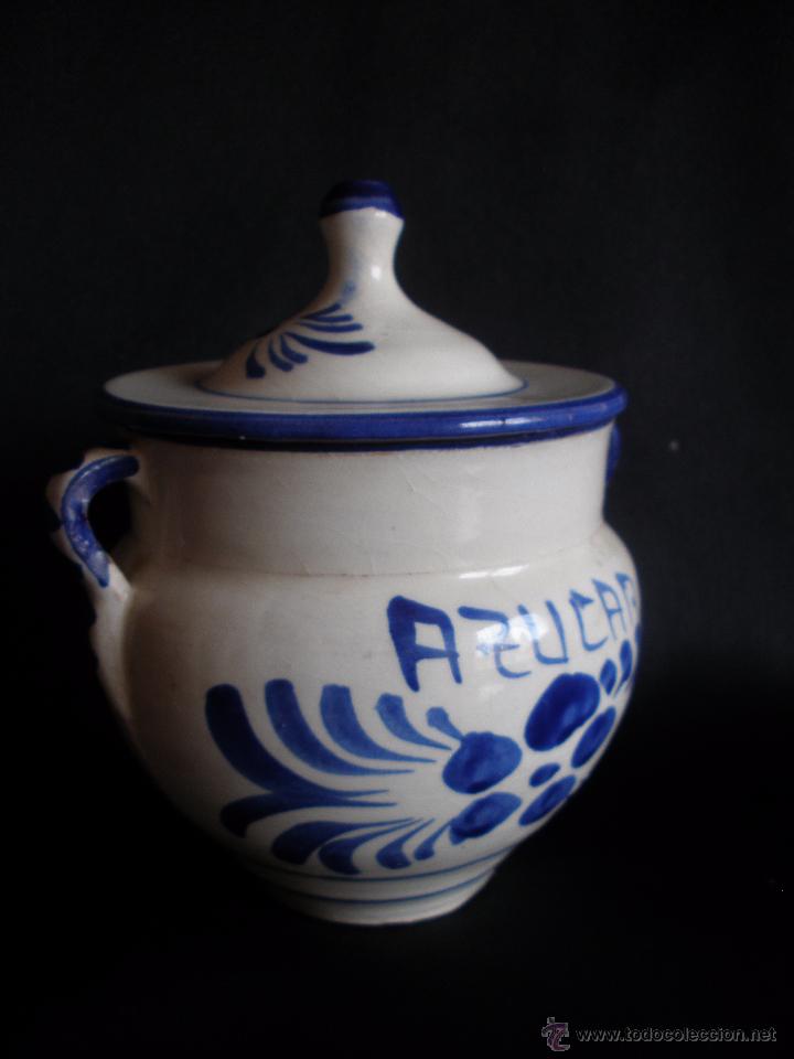 Vintage: Azucarero en cer&aacute;mica de Murcia artesania murciana a&ntilde;os 60s blanco y azul