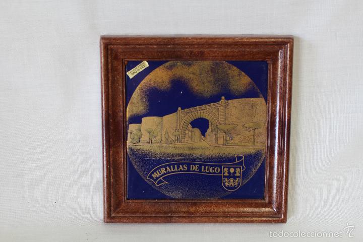 Vintage: cuadro azulejo ceramica murallas de lugo con oro de ley