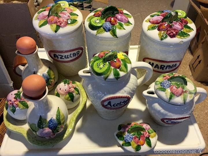Vintage: lote 9 tarros cocina de ceramica con relieve - USADOS