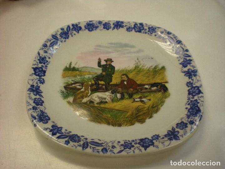 Vintage: plato cer&aacute;mica inglesa con escena de caza, pintado a mano, 23xx23cm