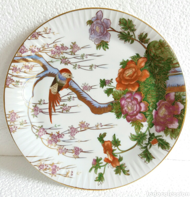 Vintage: Plato porcelana decoraci&oacute;n oriental pintado a mano