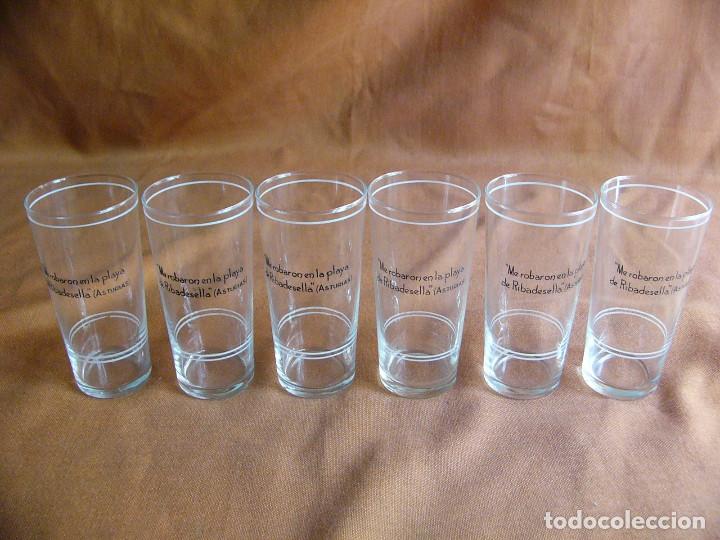 Vintage: Juego 6 vasos cristal a&ntilde;os 70 Con leyenda serigrafia Me robaron en la playa de Ribadesella Asturias