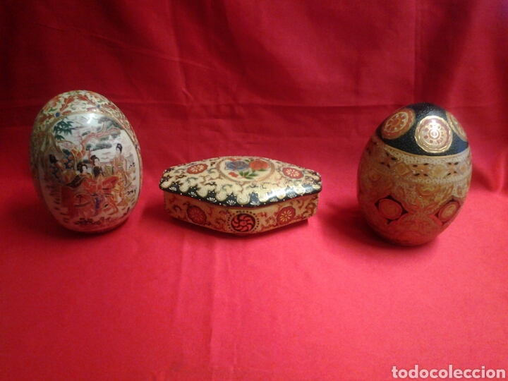 Vintage: Lote de tres piezas de porcelana china pintadas a mano