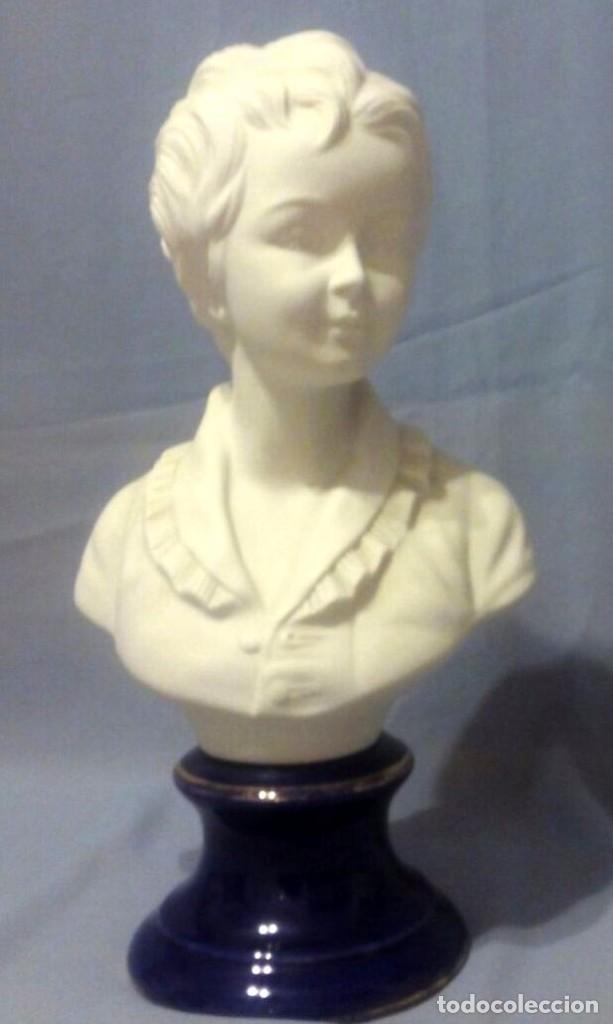 Vintage: BUSTO DE PORCELANA SIN ESMALTAR - PEANA AZUL COBALTO Y ORO - ALTURA TOTAL 35 CM