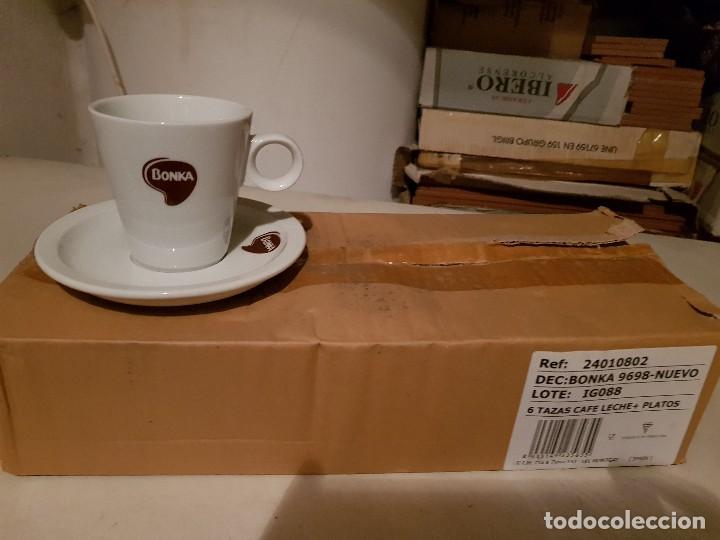 Vintage: JUEGO DE 6 TAZAS CAFE CON LECHE CON PLATO - PUBLICIDAD CAFE BONKA - PORCELANA CON ASA - NUEVO