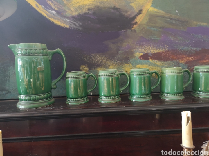 Vintage: JUEGO DE 6 JARRAS CER&Aacute;MICAS COLOR VERDE.