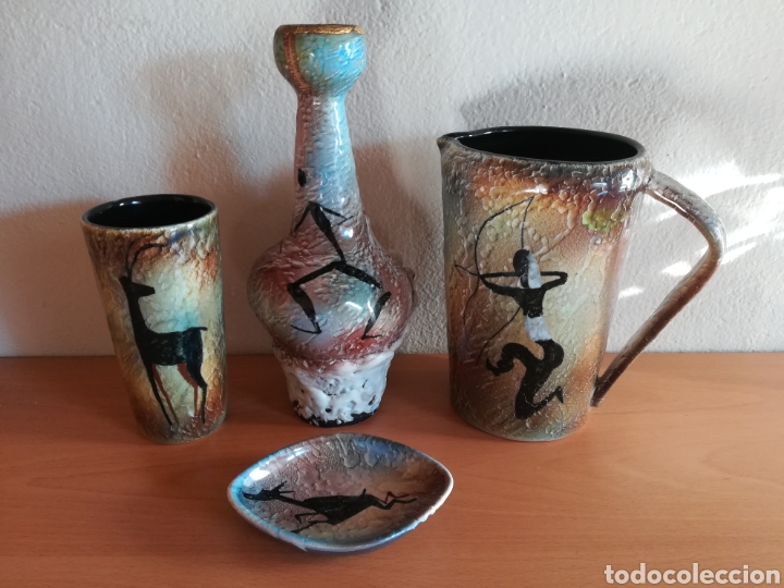 Vintage: Conjunto cer&aacute;mica esmaltada botella Brandy Bofill, jarra vaso firma Lleix&agrave;, platito vermouth Cinzano