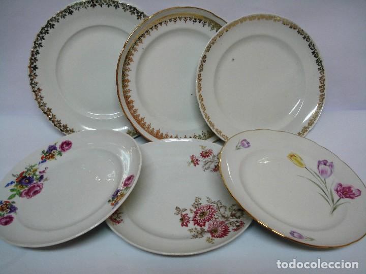 Vintage: JUEGO 6 PLATOS LLANOS DIFERENTES PORCELANA SANTA CLARA 24 CM. .A&Ntilde;OS 50-60