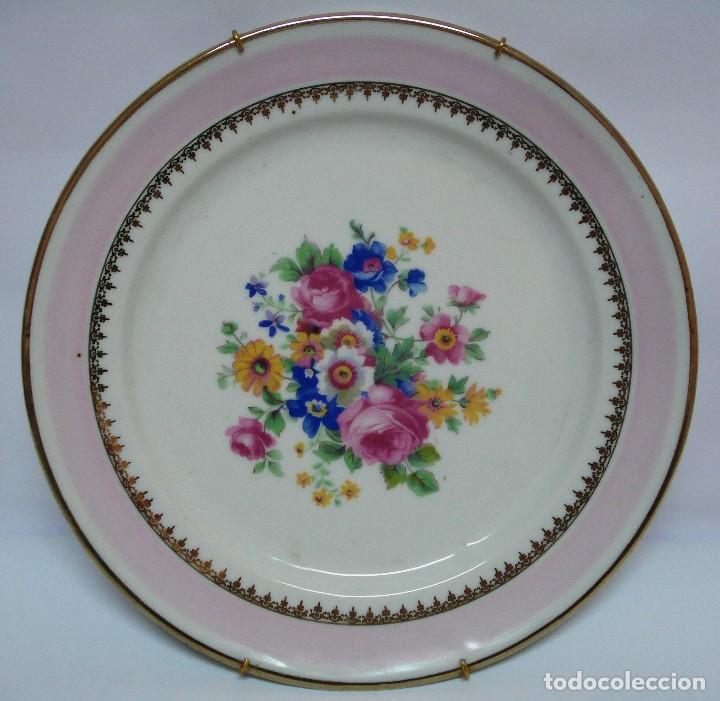Vintage: PLATO FLORAL PORCELANA SANTA CLARA 24,5 CM. CON SOPORTE PARA COLGAR .A&Ntilde;OS 50-60