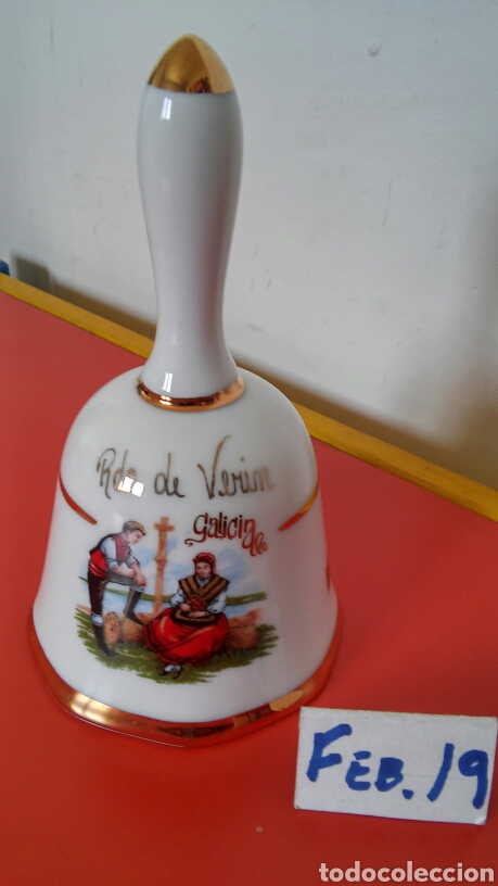 Vintage: CAMPANA CAMPANILLA MANO CER&Aacute;MICA (14 CM ALTO).RECUERDO DE VERIN-GALICIA.SIN USO.