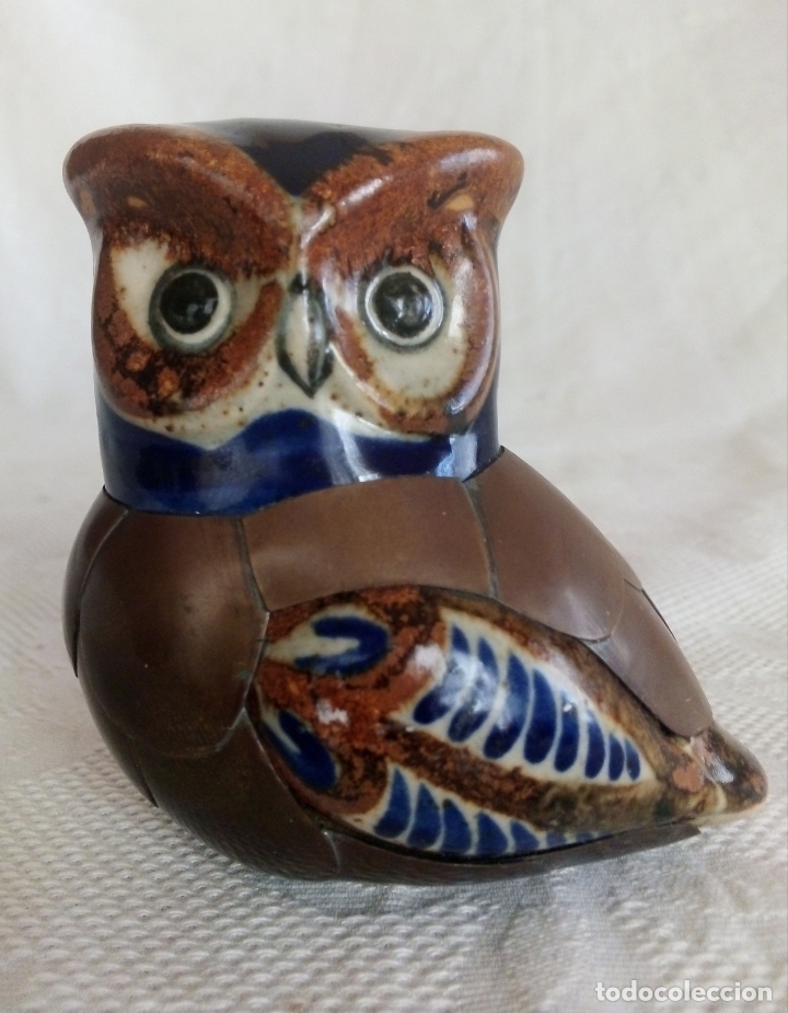 Vintage: BUHO DE CER&Aacute;MICA VIDRIADA CON PLUMAJE DE METAL - M&Eacute;XICO